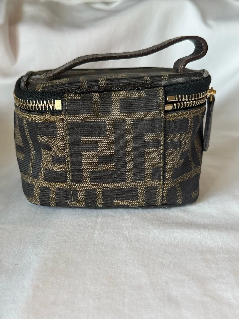Fendi Zucca Train Case Vanity Pouch Brown Canvas Leather Mini - Picture 3 of 9